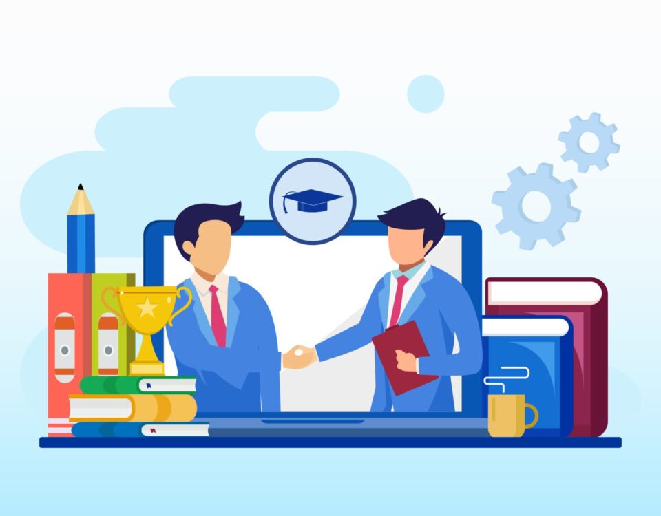 Poza care arata doi oameni de stiinta care bat palma in fata unui birou care are carti , premii si o cafea